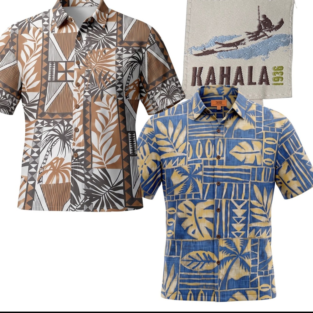 Kahala Button Up Shirt Mens XL Blue Brown Tropical Tribal Geometric 2 Pack